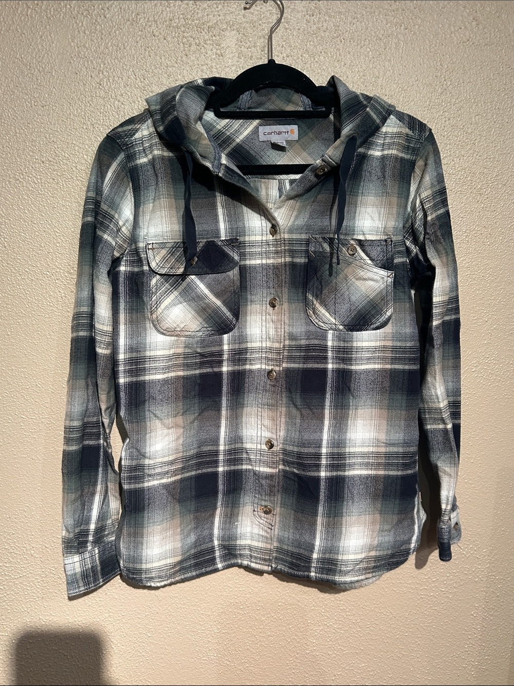 Carhartt Women’s Navy,white, green, Plaid Hooded Button-Down Shirt